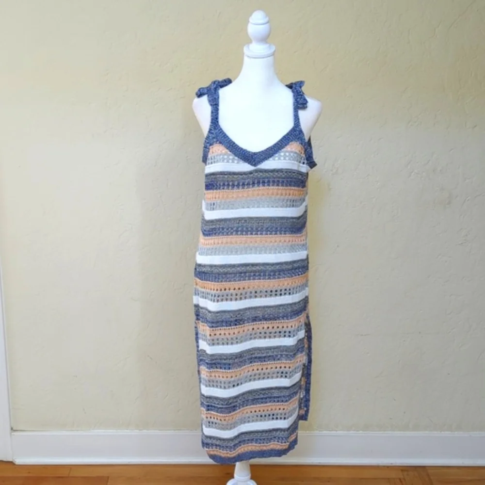 Miss Sparkling Knitted Striped Tie Shoulder Split Hem Dress Cover Up…